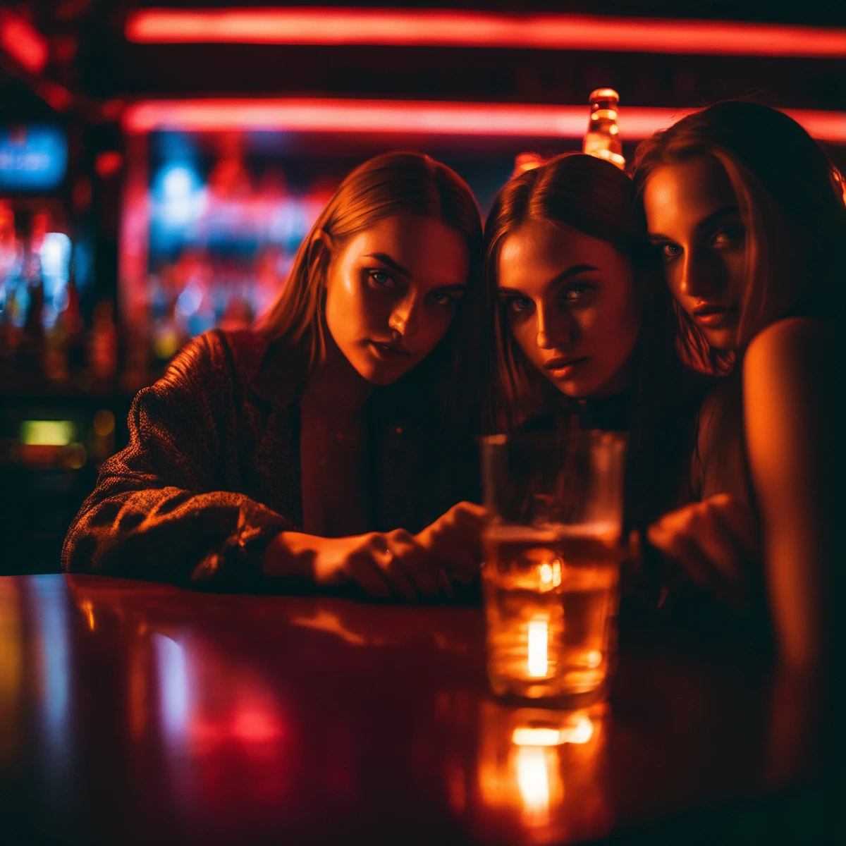 velumia close up straight-on portrait at a tablein the bar with beer, two very sexy girls at night, cinematic, professional photo, very detailed red light <lora:velumia:1>