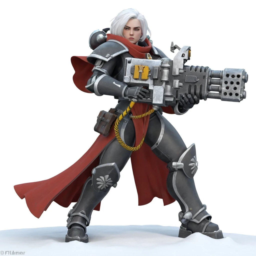 solo sister of battle, white hair, black and red power armor, aiming (a hvyflamer weapon with yellow and black fuel pipes) in her hand, red cloak, white hair,   snow, ice, blizzard, battlefield, glory, charge,  High quality 3D rendering, fantasy, Pixar 3D character design style, ZBrush high-polygon modeling,