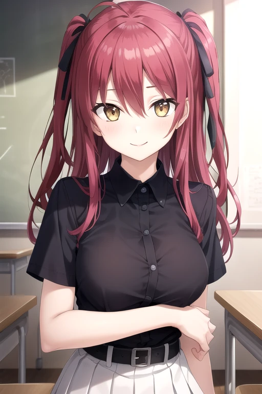 ((masterpiece)),(best quality),official art,extremely detailed CG,unity 8k wallpaper,ultra detailed,beautiful detailed eyes,extremely detailed face,classroom,1girl,solo,upper body,(portrait:1.5),looking at viewer,facing viewer,smile,Tenjiku Amane,ahoge,long hair,red hair,two side up,hair ribbon,black ribbon,bangs,hair between eyes,yellow eyes,black shirt,collared shirt,large breasts,short sleeves,black belt,white skirt,pleated skirt,thigh strap,bare legs,strappy heels,toeless footwear,<lora:Tenjiku Amane(sin):0.6>,