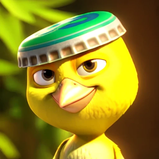 Nico, sfw, yellow canary, male, yellow feathers, 3d, cgi, detailed, smile <lora:Nico(BirdMovie,Rio):0.7> bottle cap on head