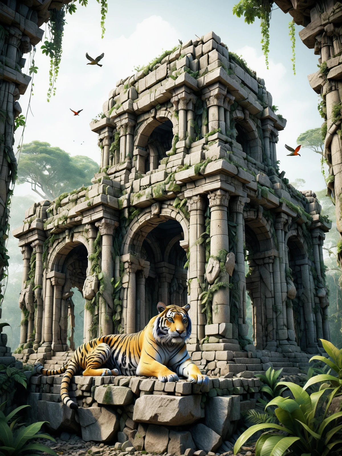 colapsed temple ruins made of mad-rubble in the jungle, vines, overgrown, (tiger:1.4), colourful birds, <lora:Rubble_SDXL:0.8>, (masterpiece:1.2), best quality, (hyperdetailed, highest detailed:1.2), high resolution textures