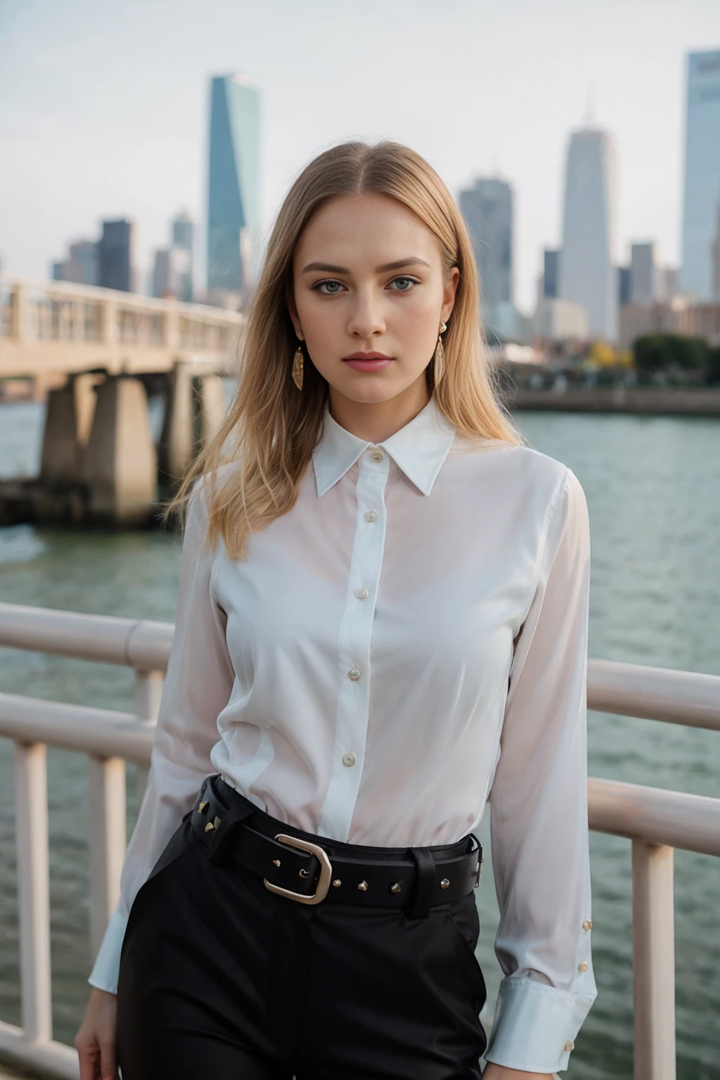 beautiful photograph of a smart looking 1girl, solo, wearing a royal green, satin collared shirt <lora:collaredShirt-000020-v2:0.75> very detailed fine silk fabric emphasis, perfectly defined button detailing, black pants with a belt, diamond stud earrings, long sleek blonde hair, brown eyes, freckles, serious expression, slender figure, standing against a country skyline at midday, cowboy shot, full body shot, photographed on a Fujifilm XT3, 80mm F/1.7 prime lens, cinematic film still, cinestill 500T, highly detailed, masterpiece, highest quality, intricately detailed, HDR, 8k, uhd, photorealistic
