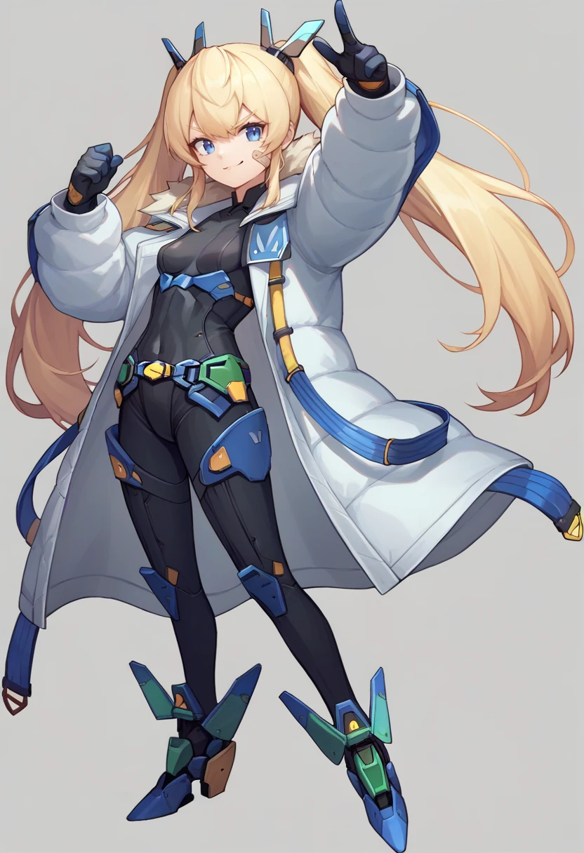 score_9, score_8_up, score_7_up, source_anime BREAK 1girl, <lora:laplace-nikke-richy-v1_pdxl:1> laplace, blonde hair, twintails, long hair, hair ornament, blue eyes, bandaid on face, black bodysuit, small breasts, white coat, fur trim, belt, black gloves, mecha musume, full body, arm up, smirk