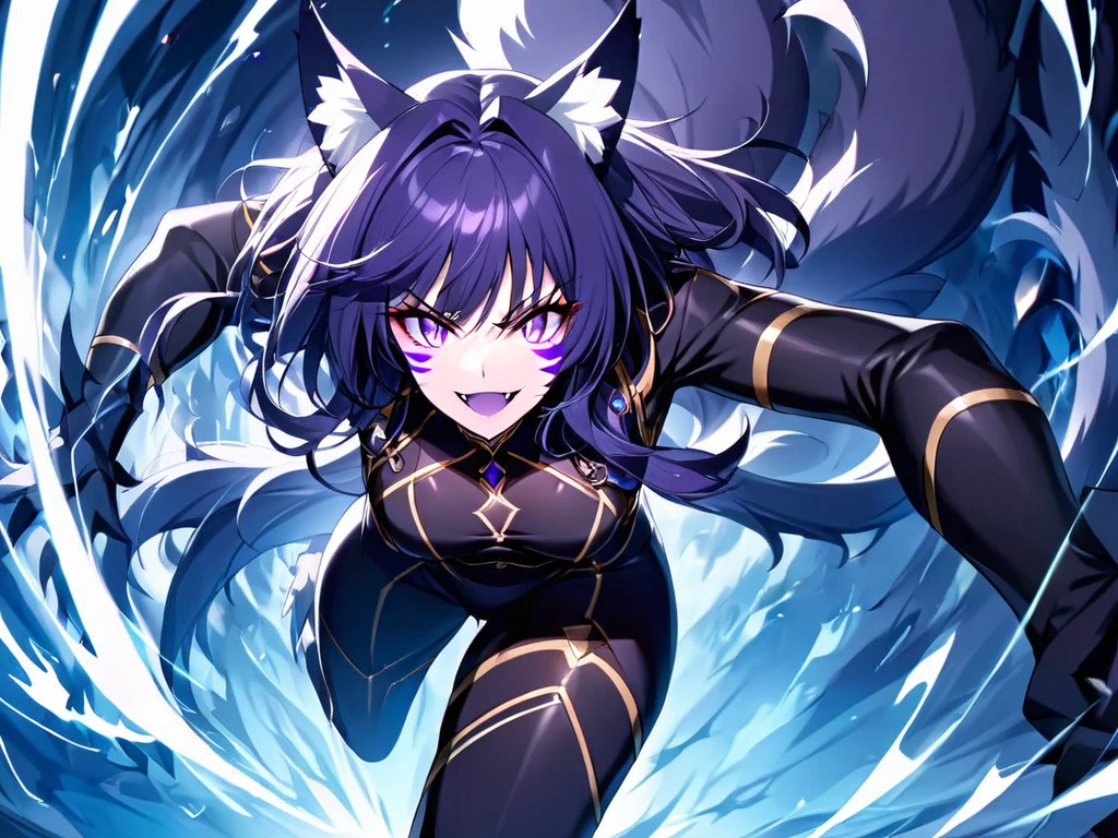 action shot of breathtaking 1girl , tail,facial mark,purple eyes,fangs
 . award-winning, professional, highly detailed. Movement, energy, dynamic, intense