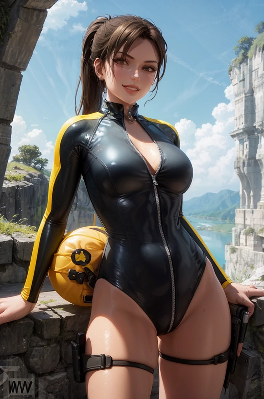 UndeworldLara, lips, ponytail, brown hair, yellow stripe, one-piece swimsuit, cleavage, wetsuit, belt, smile, sky, cave, lake, cliffs, hand leaning on wall, 