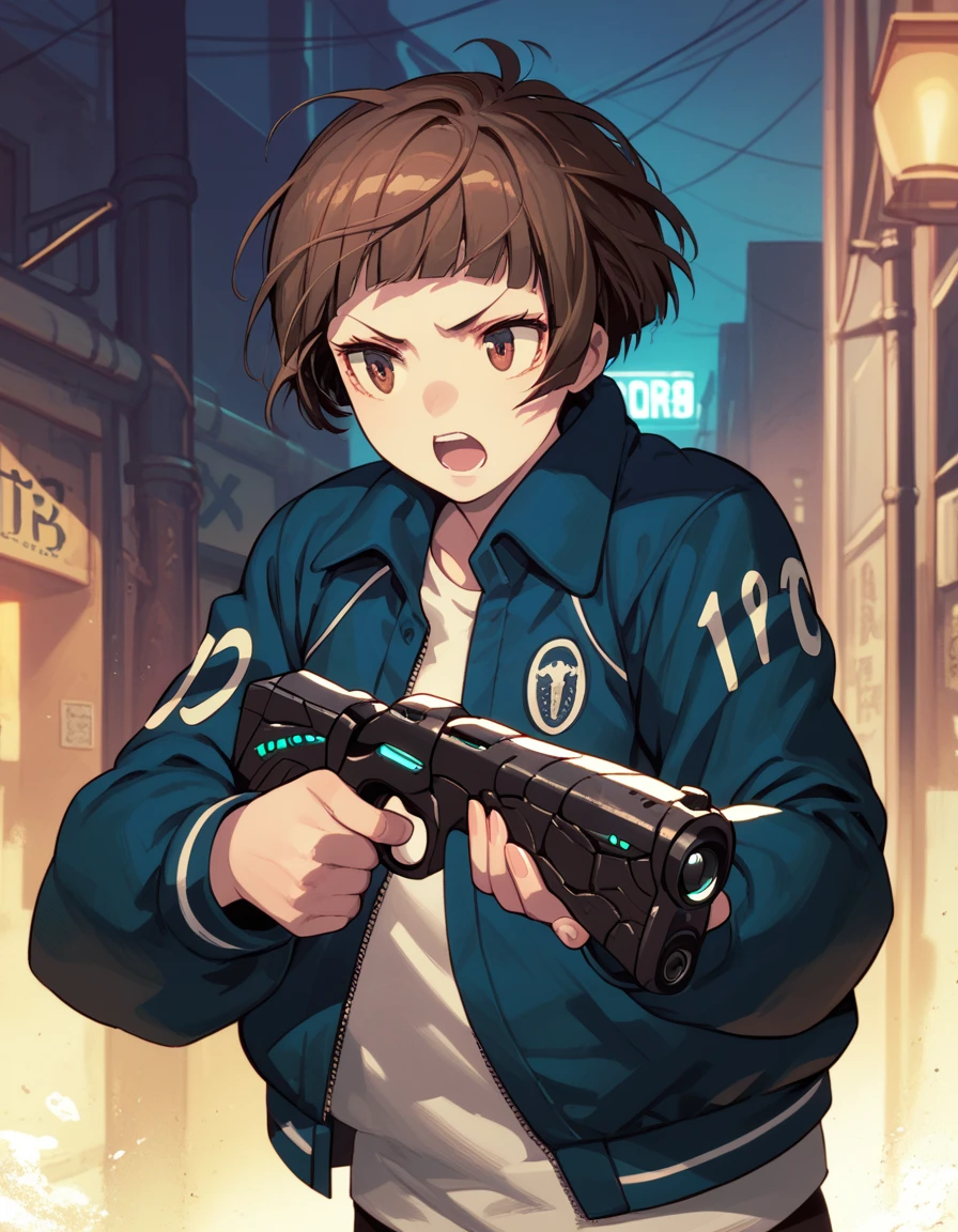 score_9, score_8_up, score_7_up, score_6_up, score_5_up, score_4_up, source_anime,
<lora:akane-yayoi-ponyxl:1> 
1girl, alley, night
tsunemori, blue jacket, holding gun, aiming, dominator \(gun\), open mouth