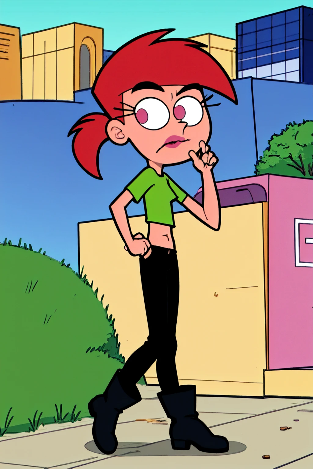vicky, ponytail, lipstick, solo, 1girl, green crop top, pink eyes, black pants, standing, short sleeves, looking at viewer ,midriff,boots, b <lora:Vicky3:0.65>