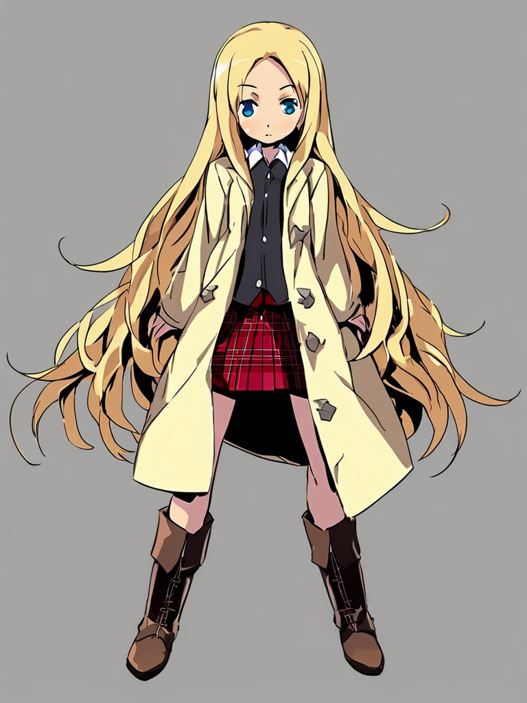 <lora:Himukai-PonyXL-1024px:1>
source_anime,
1girl, solo, standing, open coat, plaid skirt, boots, very long blonde hair