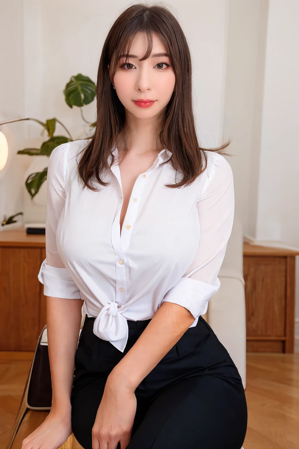 1girl, monamitakarada_v2_jav, large breasts, black eyeshadow, bangs, brown hair, long hair, brown eyes, heavy makeup, red lipstick, <lora:JAV_monami_takarada_v2-000006:1>,
"white blouse", office pants, sitting,
dynamite lighting, 
(ulzzang-6500:0.0), (ultimate quality, masterpiece, highres:1.0), (photorealistic, realistic:1.9),  nice hands, <lora:GoodHands-vanilla:1>