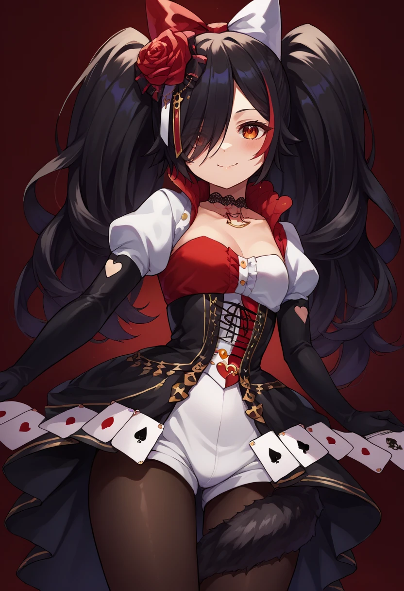 score_9, score_6_up, source_anime, 1girl, solo, mio_wonderland, hair over one eye, twintails, white dress, playing card, black skirt, elbow gloves, corset, short puffy sleeves, black pantyhose, hair flower, hair bow, tail wrap, tail around leg, light smile, red lights <lora:mioXL-10:1>