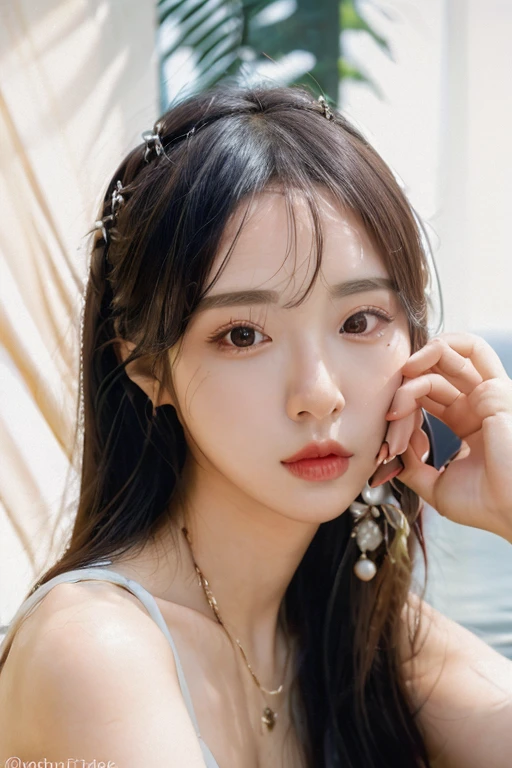 ( photorealistic, best quality, masterpiece:1.4),1girl, solo, (habin), portrait, <lora:Habin:0.8>, face closeup, long hair,