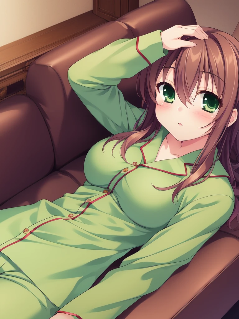 <lora:Yotsutani_Asako:0.8>, Asako, 1girl, solo, light_green_pajamas, green eyes, breasts, brown hair, large breasts, lying, couch, blush, on back,
masterpiece, high quality, ver y_high_resolution, large_filesize, full color,