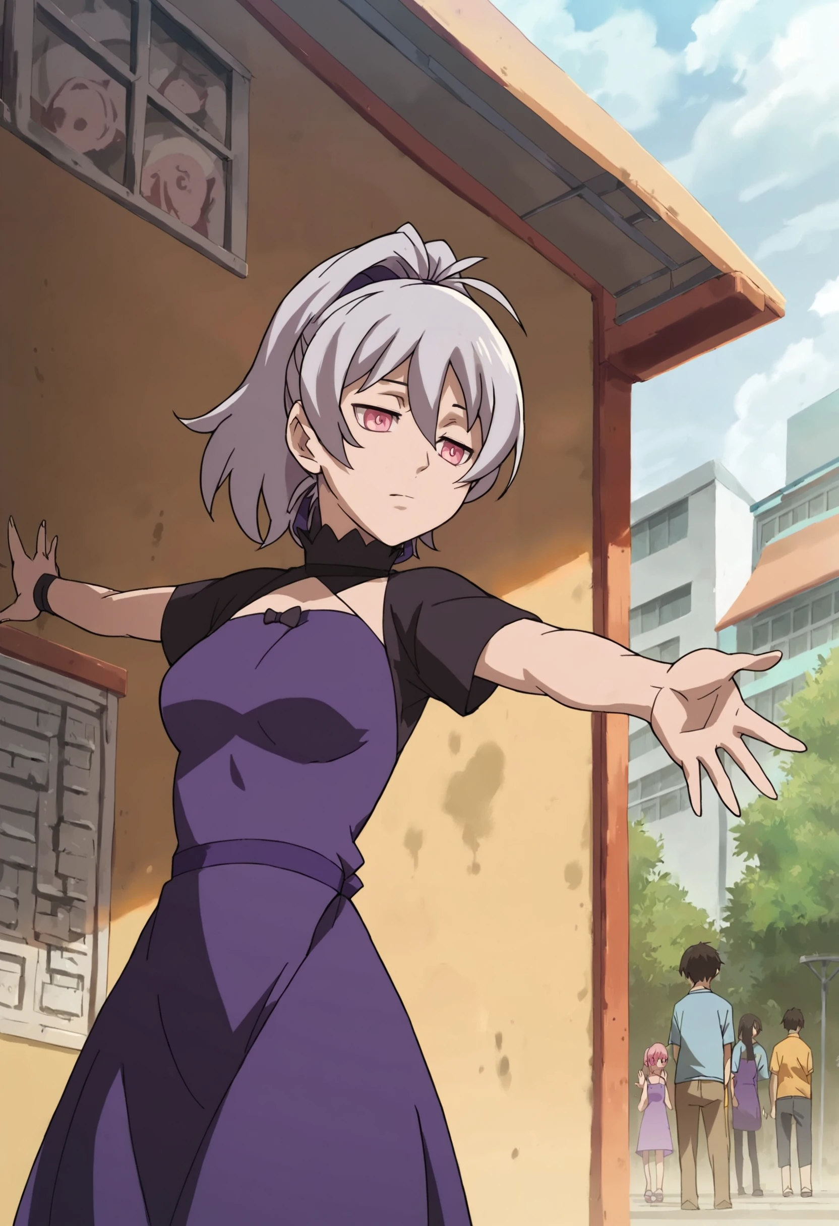 (score_9,score_8_up,score_7_up,score_6_up,score_5_up,score_4_up, source_anime:1.3), colorful, anime coloring, <lora:add-detail-xl:1>, 1girl, mature, (Yin_DDB, medium breasts, black and purple dress, outstretched arms, facing viewer:1.2), silver hair, pink eyes, ponytail, (inside a public park, sun shining, crowd in background:1.2), <lora:Yin_DDB_v10-000011:1>