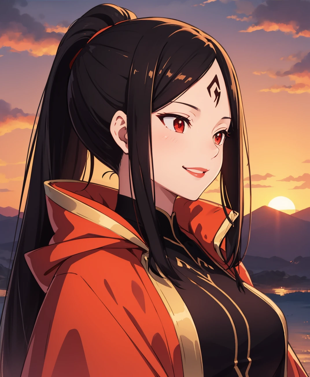 <lora:DR_Mikoto_MSV1:0.7>,drmikoto, black hair,high ponytail, red eyes,mature female,forehead mark,lips,calm smile,traveller cloak,looking away,sunset,orange sky