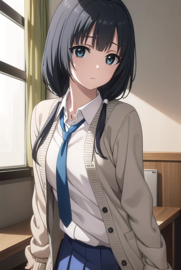 emayasuhara, <lora:ema yasuhara s1-lora-nochekaiser:1>,
ema yasuhara, long hair, black hair, twintails, (black eyes:1.3), low twintails,
BREAK skirt, school uniform, necktie, cardigan, shirt, grey shirt, black skirt, yellow cardigan,
BREAK indoors, office,
BREAK looking at viewer, (cowboy shot:1.5), dynamic pose,
BREAK <lyco:GoodHands-beta2:1>, (masterpiece:1.2), best quality, high resolution, unity 8k wallpaper, (illustration:0.8), (beautiful detailed eyes:1.6), extremely detailed face, perfect lighting, extremely detailed CG, (perfect hands, perfect anatomy),