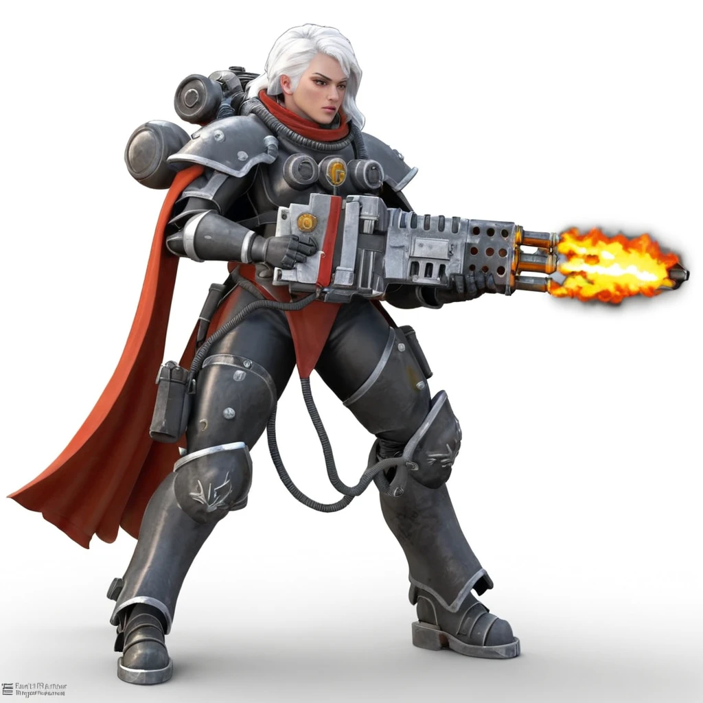 solo sister of battle, white hair, black and red power armor, firing (a hvyflamer weapon with yellow and black fuel pipes) in her hand, red cloak, white hair, flames, stream of fire  snow, ice, blizzard, battlefield, glory, charge,  High quality 3D rendering, fantasy, Pixar 3D character design style, ZBrush high-polygon modeling,