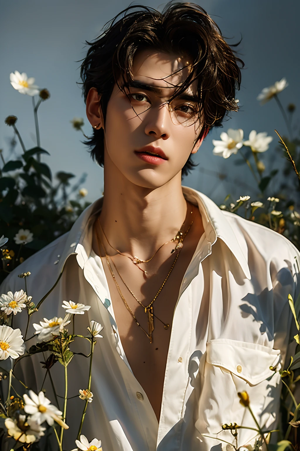 <lora:æ¼äº®ç·å©:0.7>,a man with a white shirt and flowers in her hair and a necklace on her neck and chest, standing in a field of flowers