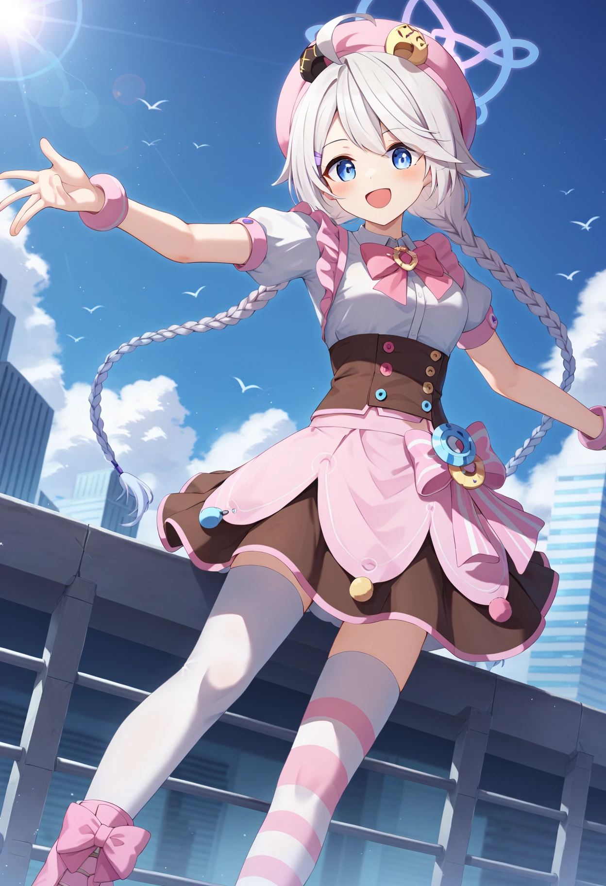 score_9,score_8_up,score_7_up,best quality,masterpiece,4k,prefect lighting,very aesthetic,anime,
BREAK
kirino \(idol\) \(blue archive\),1girl,solo,detailed blue sky,upper body, twin braids circle,smile, pink puffy short sleeves, pink bow, mismatched legwear, asymmetrical legwear, striped pink footwear,
outdoors,city,<lora:NakatsukasaKirinoXL:0.8>,