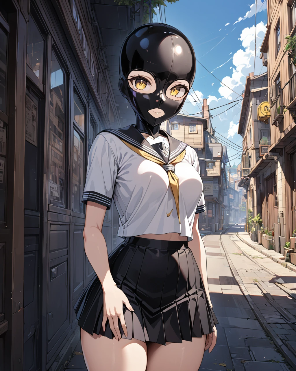 1 girl,(master piece,hires, ultra detailed,8K,16K),look at viewer, <lora:SDXL_full_head_mask_v1.1-000012:0.9> fullheadmask,skinhead,upper body,outdoor,yellow eyes,serafuku,short sleeve white shirt,skirt,full body