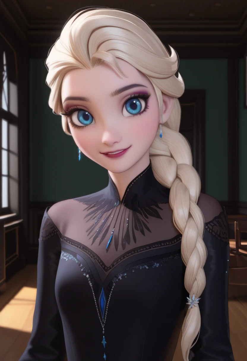 sysdeep_elsa, 1girl, long_hair, looking_at_viewer, smile, blue_eyes, blonde_hair, braid, indoors, eyelashes, single_braid, makeup, black_dress, <lora:Elsa- [Frozen] - XL Version 1:0.8>