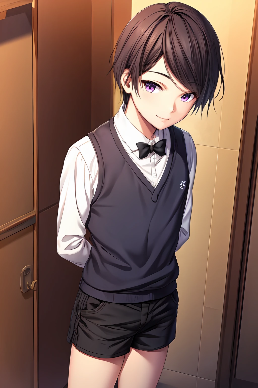 (masterpiece, best quality:1.2), highres, game cg, extremely detailed CG, 4k, 8k, 1boy, solo, male focus, light smile, closed mouth,
koryui_V1, otoko no ko, androgynous, black hair, short hair, swept bangs, purple eyes,
black bowtie, white shirt, collared shirt, long sleeves,
black vest, buttons, black shorts, short shorts,
standing, arms behind back, head tilt, leaning forward,
indoors, cowboy shot, looking at viewer, from above,
<lora:add_detail_CyberAlchemist:0.4>, <lora:koryuiV1:0.90>,