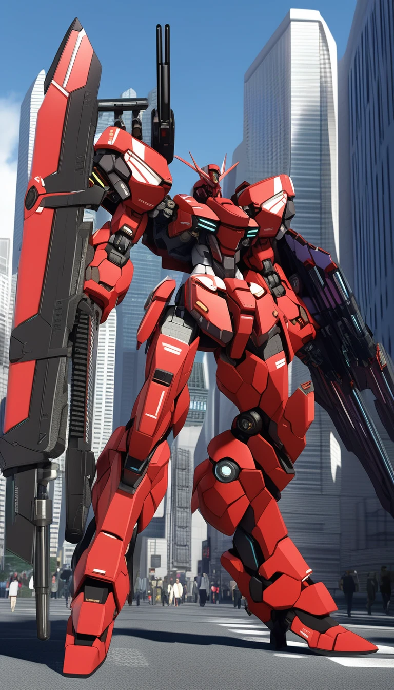 professional 3d model of (B-RRS:1.4),(science fiction:1),mecha armor,(a stylish mech:1.4),(hawken:1.4),(city:1.5),(very biggest size mecha:1.6),(long legs:1.1),glowing eyes,(full body:1.2),mechanical parts,robot joints,(holding huge weapon:1.5),(huge mechanical shield:1.2),best quality,masterpiece,highly detailed,ultra-detailed,(huge mechanical weapon:1.3),(detailed weapon:1.2),(huge mechanical gun:1.2),<lora:srdxl_v2_7_5a01_for_amgxl3:0.8>,, octane render, highly detailed, volumetric, dramatic lighting