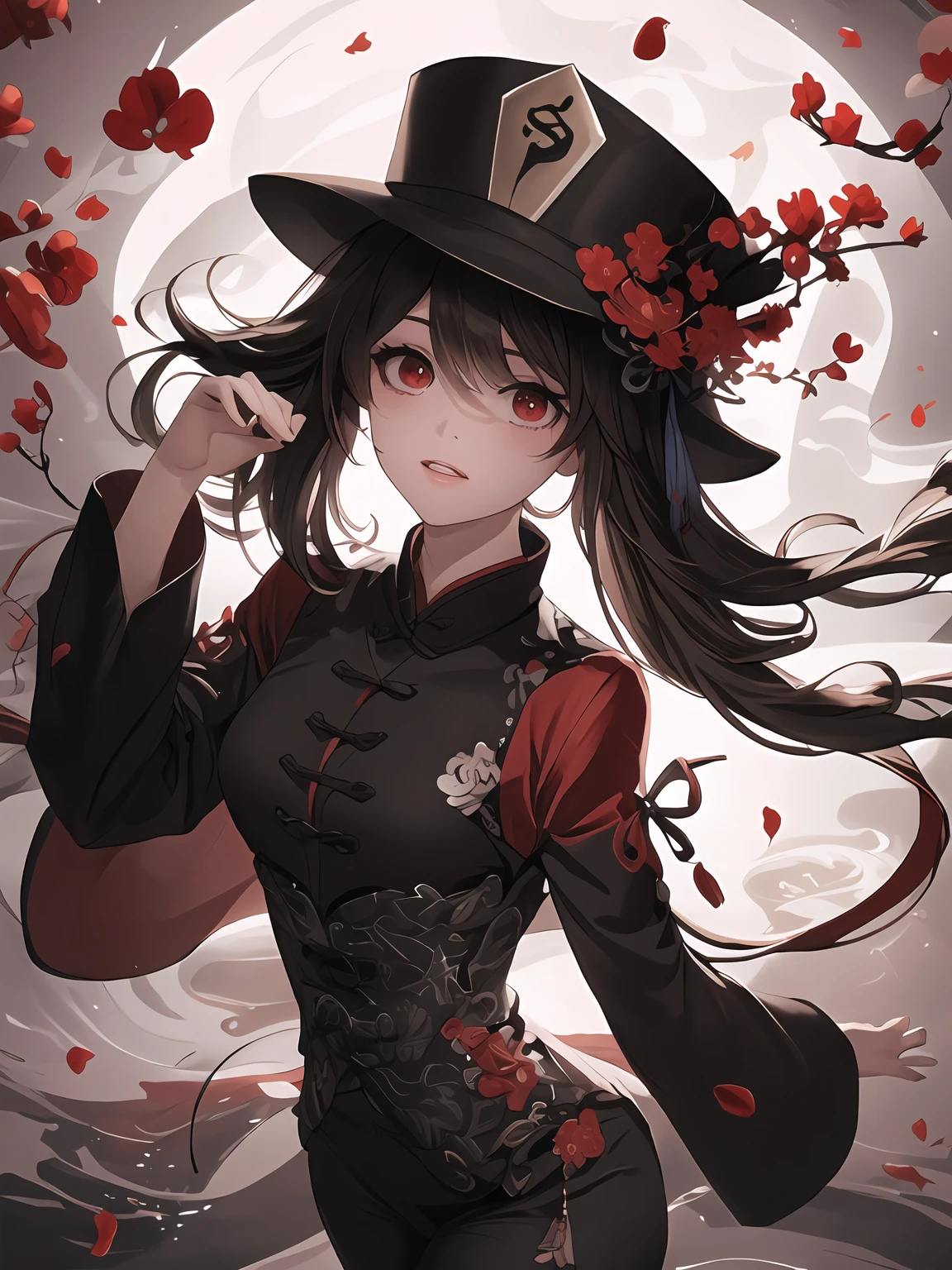 HuTaoTao, HuTaoEyes, (holding a ghost:1.3), Symbol eye, plum blossom pupil, hat, (masterpiece, top quality, best quality, official art, beautiful and aesthetic:1.2), 1girl, beautiful, high detailed, dark lighting, serious face, looking the sky, sky, medium shot, black sweater, jewelry <lora:HuTaoTaoV1-000005:0.6>