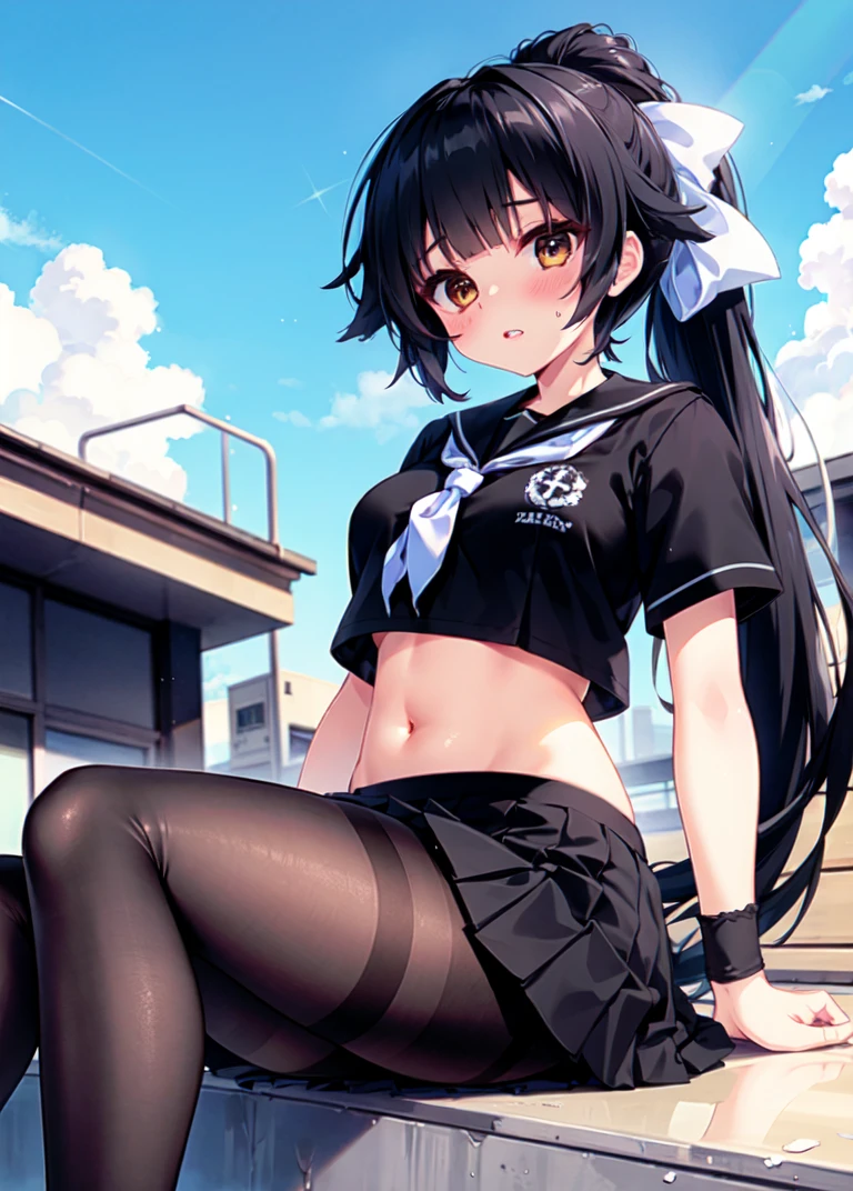 <lora:takao_SD1.5_v1.0:0.7>,takao_\(azur_lane\),ponytail, black_hair,,long hair,black serafuku,black skirt, midriff,pantyhose, sitting, school rooftop,parted lips,, masterpiece, best quality, high contrast,