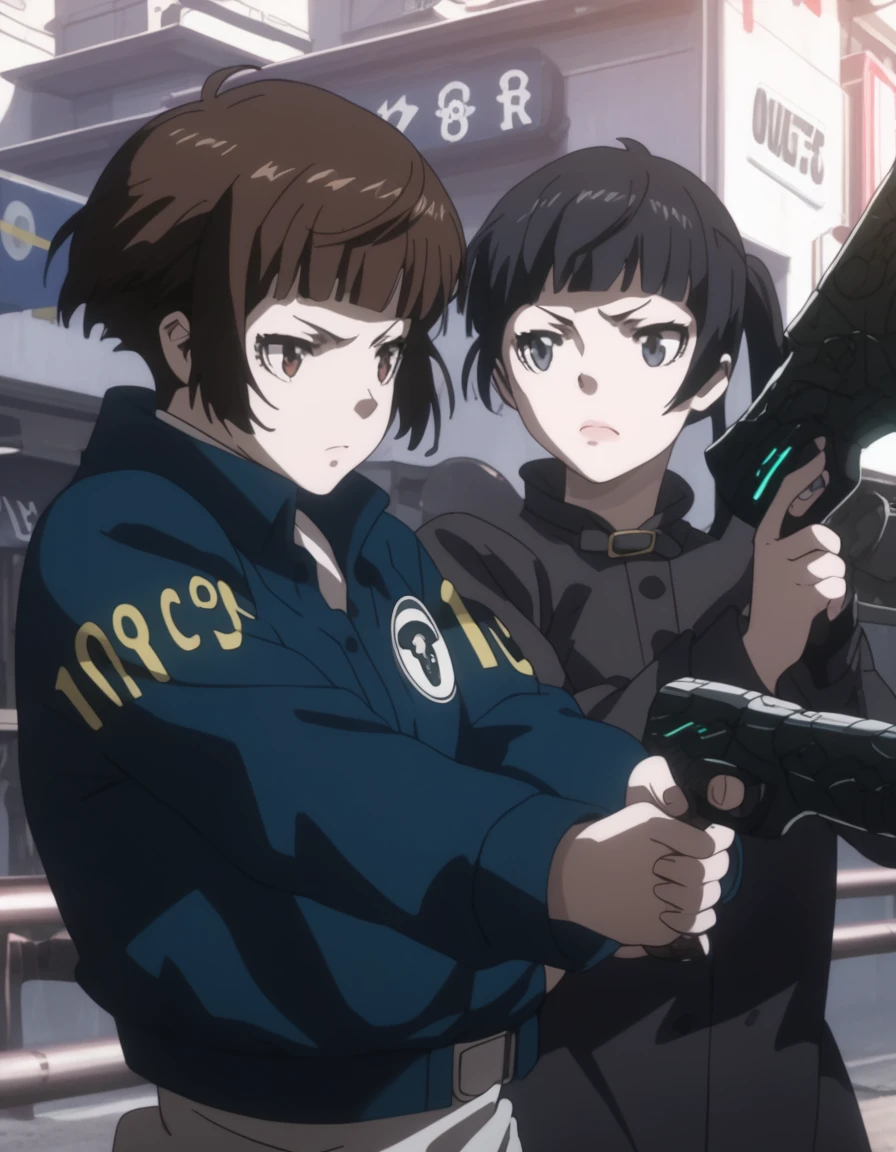 score_9, score_8_up, score_7_up, score_6_up, score_5_up, score_4_up, source_anime, screenshots,
<lora:akane-yayoi-ponyxl:0.5>
2girls, holding gun, handgun, aiming, dominator \(gun\)
BREAK
tsunemori, blue jacket
BREAK
kunizuka, black coat