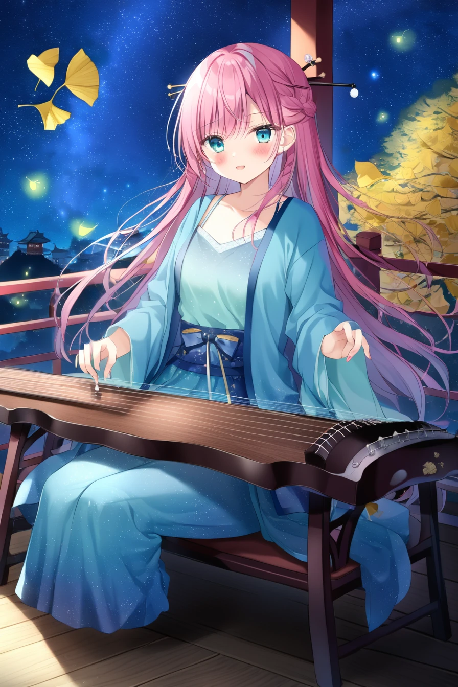 shikitani_asuka,ray tracing,1girl,pink hair, blue eyes, french braid,hair stick, long hair ,sweater,open clothes,blue hanfu,blush,starry sky print,blue eyes,spaghetti strap,east asian architecture, wall, table, fireflies, pyrefly,night,ginkgo leaf,erhu, sitting, wooden chair,sitting,guzheng, playing instrument    <lora:guzheng:1>