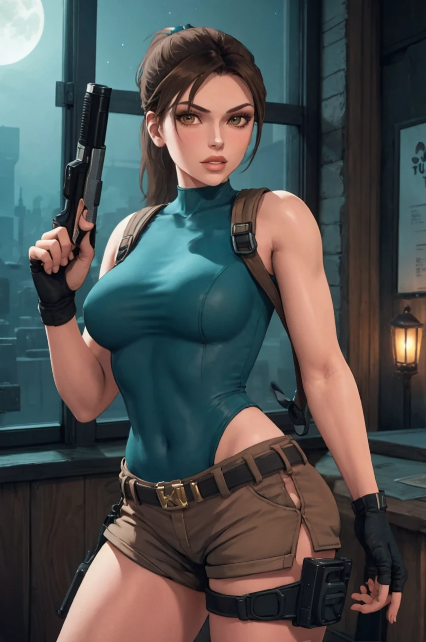 UndeworldLara, lips, ponytail, brown hair, teal leotard, hip window, brown shorts, fingerless gloves, holding gun, holding weapon, 1 girl, masterpiece, best quality, factory, night, backpack straps, large breasts, looking at viewer, 