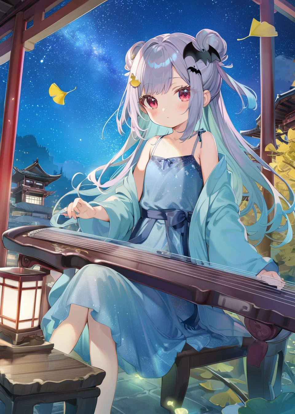 1girl,tianliang duohe fangdongye,torino aqua,anmi,blue archive,1girl,solo,silver hair,red eyes,colored eyelashes,silver eyelashes,flat chest,bat hair ornament,long hair,double bun,sweater,open clothes,blue hanfu,blush,starry sky print,blue eyes,spaghetti strap,east asian architecture,wall,table,fireflies,pyrefly,night,ginkgo leaf,erhu,sitting,wooden chair,sitting , guzheng,playing instrument <lora:guzheng:1>