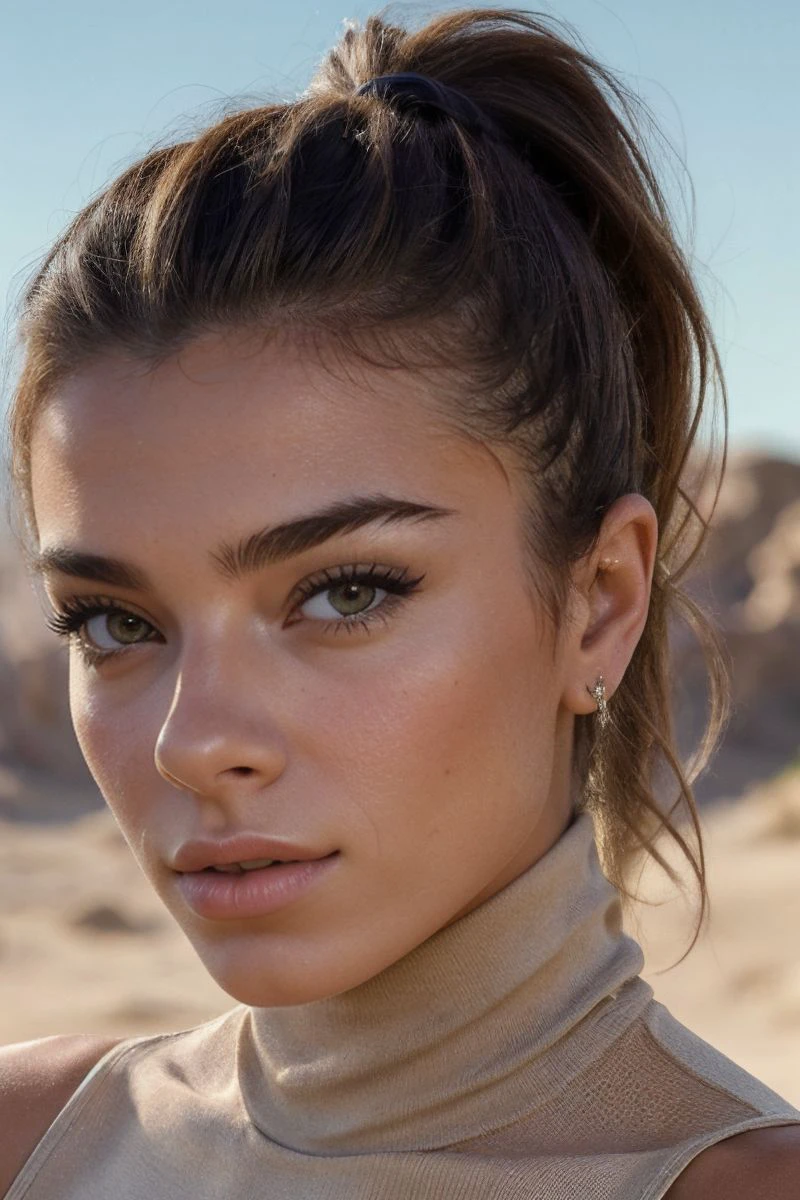 closeup headshot of S338_ChiaraBianchino,a beautiful woman,in a (desert:1.1),wearing a (turtleneck:1.1),(ponytail),(4k, RAW photo, best quality, depth of field, ultra high res:1.1),(absurdres, intricate, photorealistic, masterpiece, ultra-detailed:1.1),
