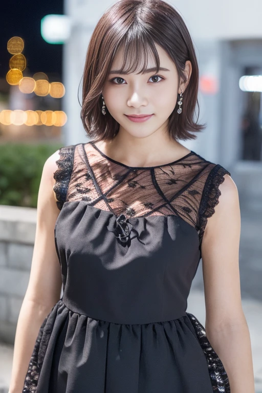 HDR, 1 Indonesian Girl, Beautiful, Baby Face, 18 Years Old, bright Skin, red Glossy Lipstick, Soft Makeup, Georgeus, ample Cleavage, Sleeveless, Strapless lace House Dress, , City Outdoor, black Hair, short haircut, soft smile, tease Pose, Large Breasts, ((bokeh:1.1)), ((adorable:1.1)), ((masterpiece:1.1)), dynamic contrast