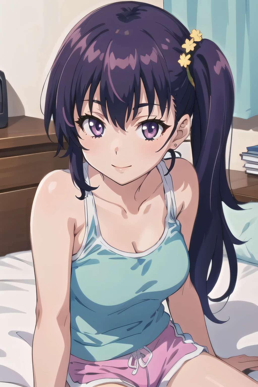 (masterpiece:1.2), best quality, high resolution, unity 8k wallpaper, (illustration), extremely detailed face, perfect lighting, extremely detailed CG, 1girl, solo, <lora:Risa:0.7>, risa, purple eyes, purple hair, aqua tank top, pink shorts, side ponytail, cowboy shot, looking at viewer, sitting on bed, smile