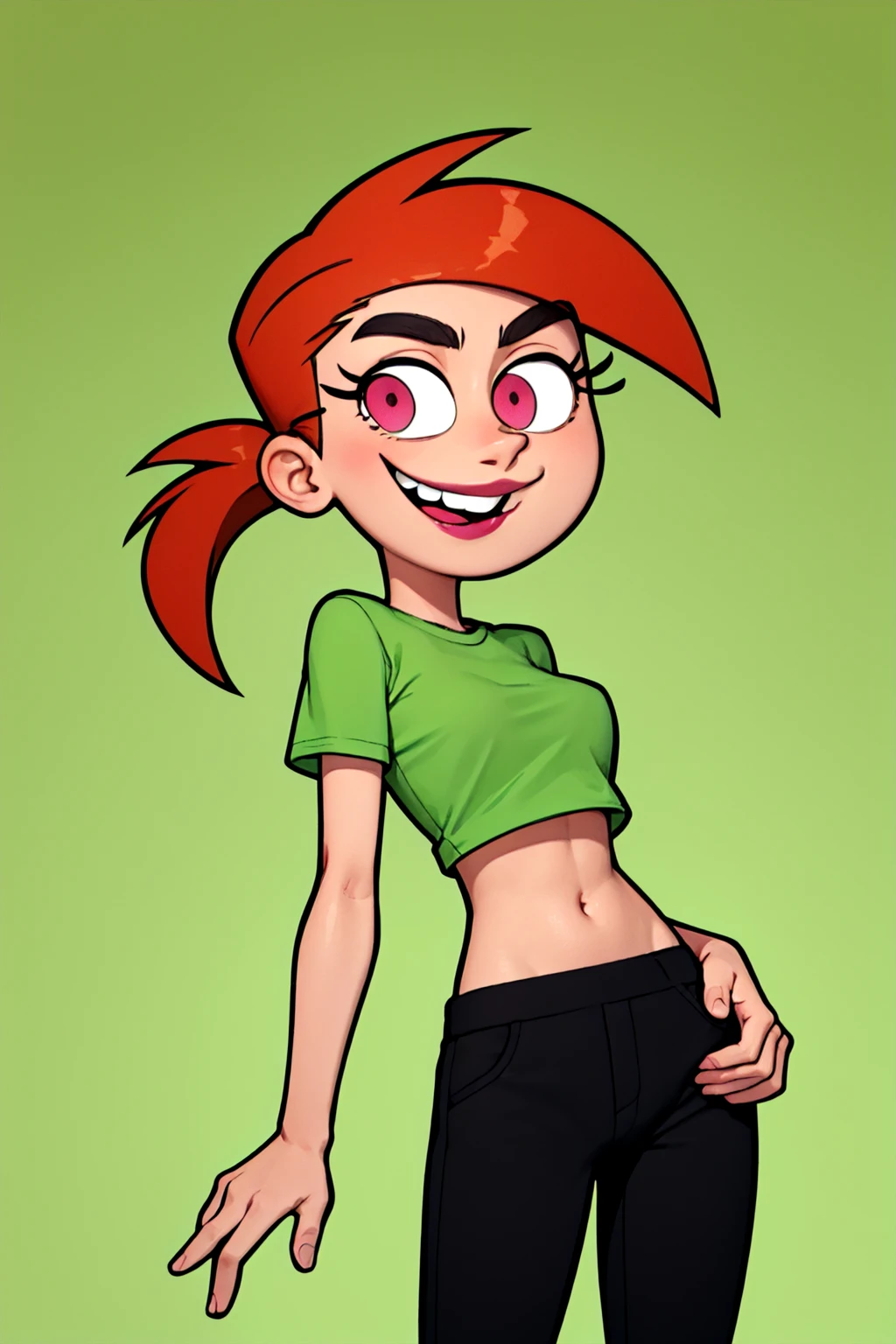 vicky, ponytail,orange hair, lipstick, solo, 1girl, green crop top, pink eyes, black pants,midriff standing, short sleeves, looking at viewer ,smile,underboob, shirt pull, <lora:Vicky(1.0):0.5>