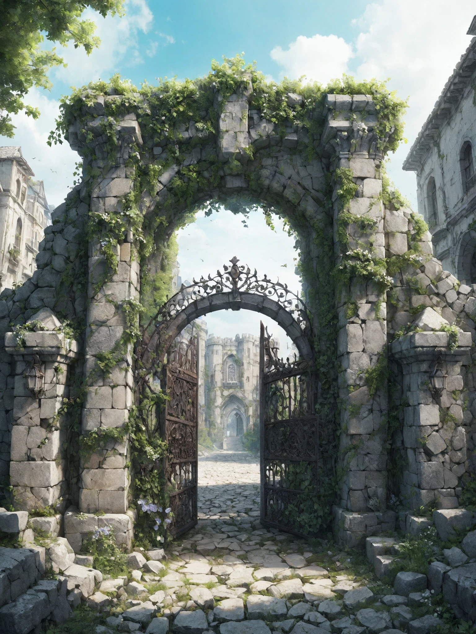 old city gate made of mad-rubble, ivy, overgrown, flowers, fantasy, guards in armor,    <lora:Rubble_SDXL:0.9>, (masterpiece:1.2), best quality, (hyperdetailed, highest detailed:1.2), high resolution textures