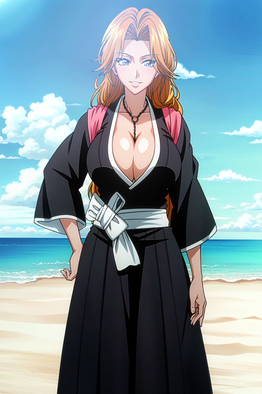 (extremely detailed CG unity 4k wallpaper),(masterpiece),(best quality),(ultra-detailed),(best illustration),(best shadow),(absurdres),(detailed background) <lora:OGT_Rangiku-v1:1> Rangiku Matsumoto, matsumoto rangiku, 1girl, breasts, solo, long hair, orange hair, japanese clothes, cleavage, kimono, looking at viewer, large breasts, haori, wide sleeves, long sleeves, standing, sash, black kimono, huge breasts, smile