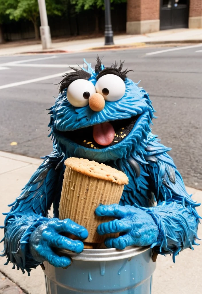 Close-up of the blue (crumb monster, sesame street) holding a bitten-off cookie in its hand and looking at the viewer with a grin (lots of cookie crumbs), street background (metal trash can)
