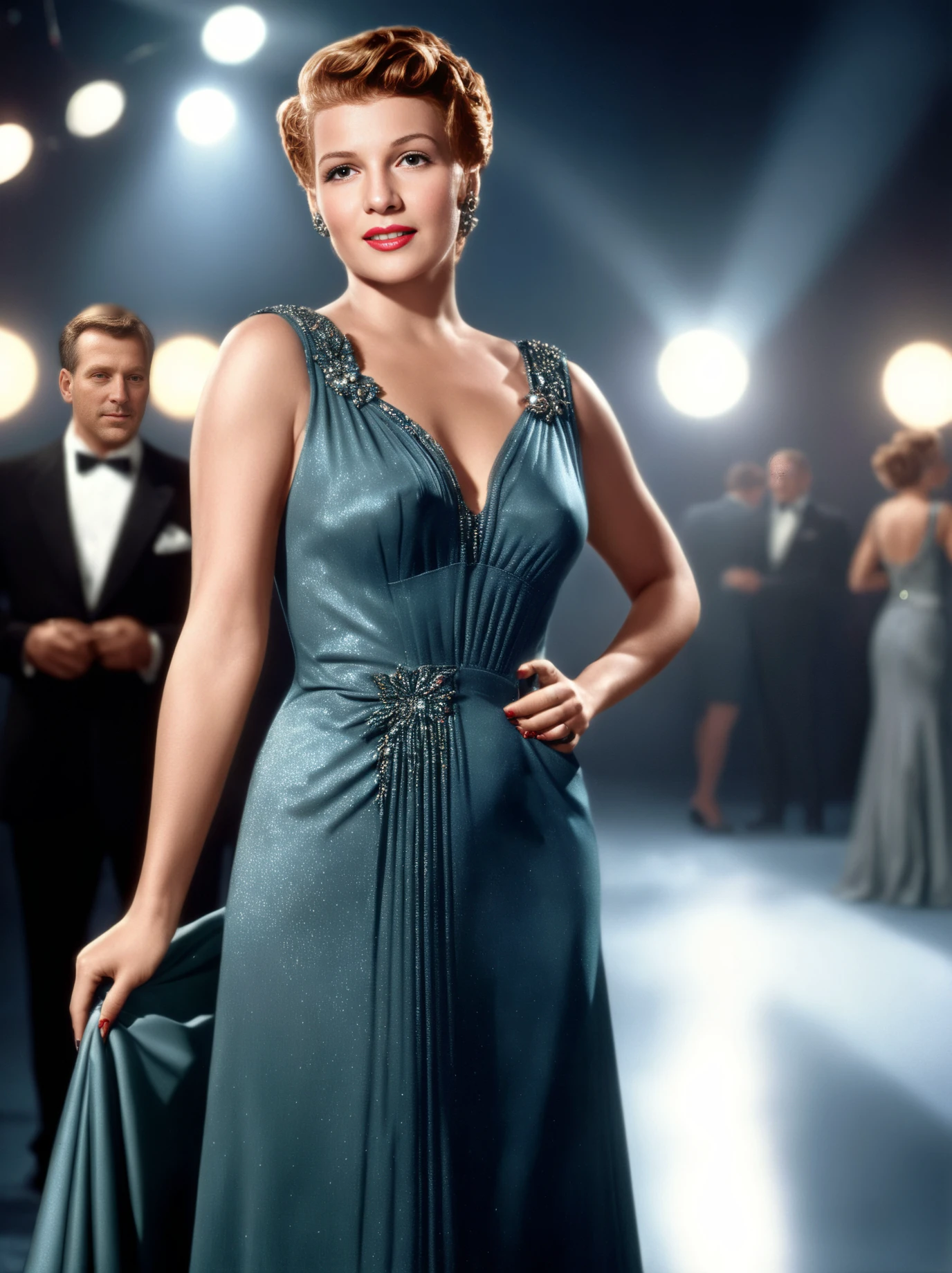 cinematic film still of Photorealism (full-body photo:1.4) of RitaHeyworthSDXL wearing an elegant dress in a techno party <lora:RitaHeyworthSDXL-000009:1>, Photorealism, often for highly detailed representation, photographic accuracy, or visual illusion., shallow depth of field, vignette, highly detailed, high budget, bokeh, cinemascope, moody, epic, gorgeous, film grain, grainy