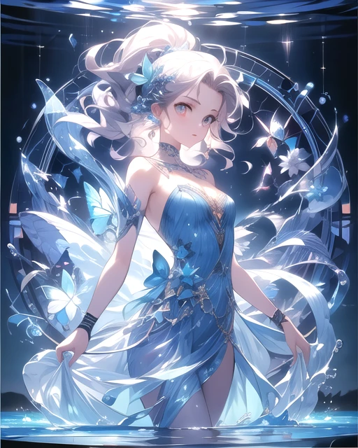 ttcircle, 1girl, solo,ttblue, (masterpiece,best quality), <lora:ttblue+2:0.8>,<lora:ttcircle:1>, blue theme, water,particle cannon case, light particles,