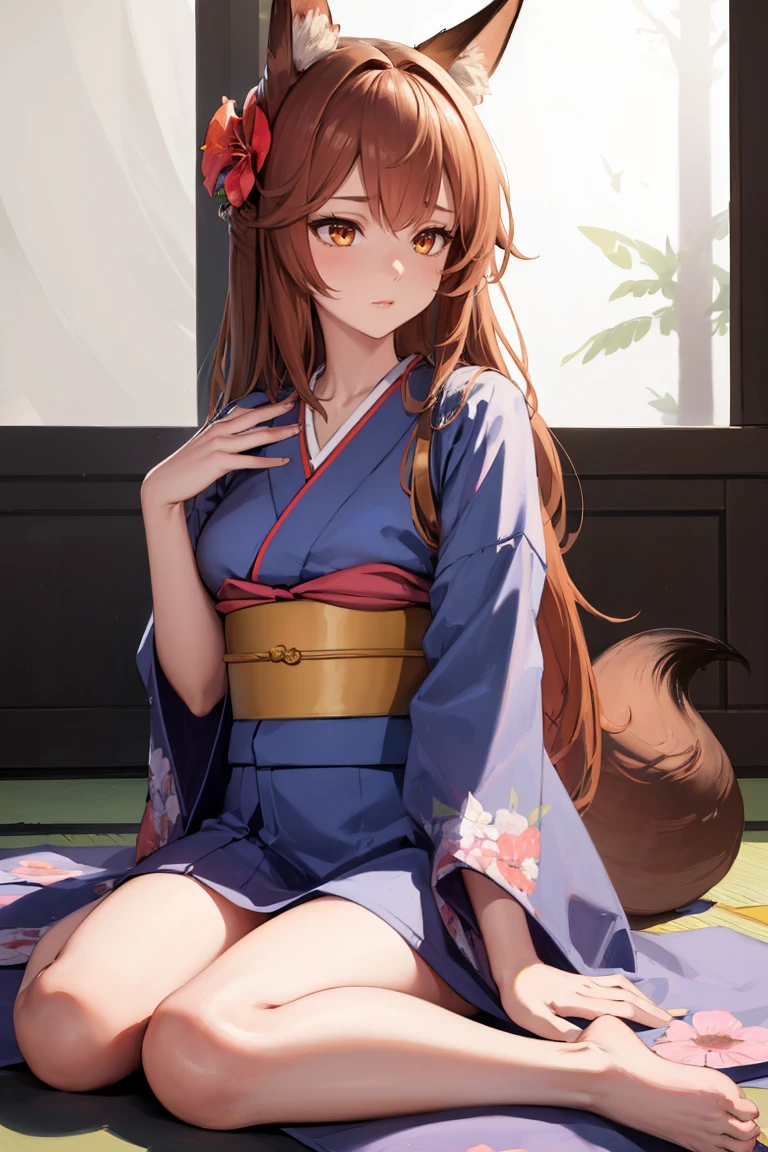 masterpiece, best quality, absurdres, 1girl, solo, FrankaArknights, long hair, fox tail, indoors, kimono, hair flower, floral print, wariza, sitting, <lora:FrankaArknights:1>