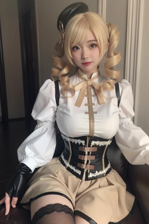 ltra-detailed,highly detailed,best quality,masterpiece,illustration,realistic,photorealistic,
tomoe mami, magical ????, cosplay, 1girl, solo, 
hat, corset, shirt, puffy sleeves, detached sleeves, pleated skirt, fingerless gloves, neck ribbon,
twin drill hair, long hair, bangs, hair ornament, twintails, hairpin,
cowboy shot, cowboy shot, 
 <lora:tomoe mami_v1_02:0.7>