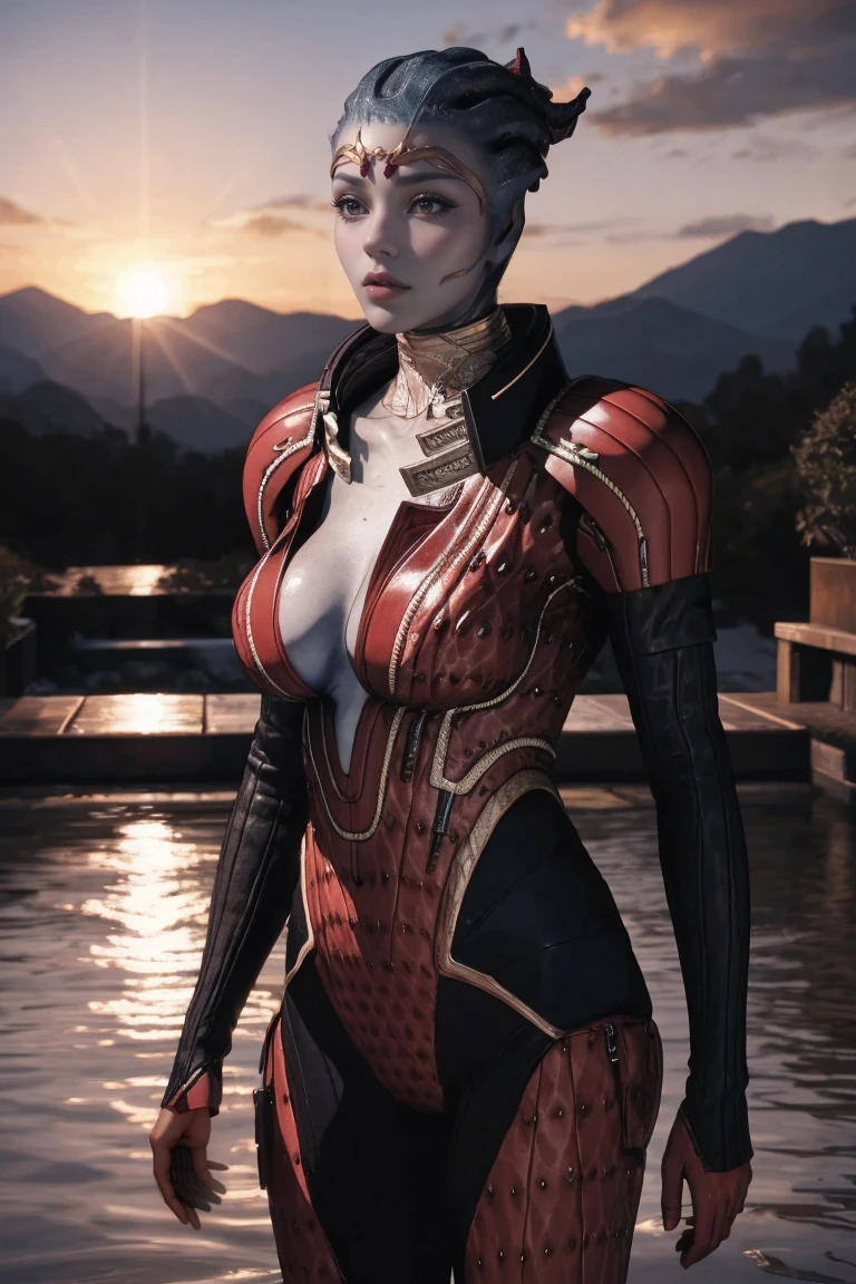 masterpiece, best quality, high quality, highres, wading,looking at viewer,solo,water, sunset, onsen, wisteria,moody lighting, BREAK,
GAME_MassEffect_Samara_ownwaifu, www.ownwaifu.com,
1girl, colored skin, breasts, alien, medium breasts, blue skin, lips, cleavage, large breasts, breasts apart, makeup, blue eyes, colored sclera, collarbone, no humans, lipstick, black lips, neck ring,
bodysuit,armor, center opening, jacket,spacesuit, astronaut,shoulder armor, zipper,unzipped,red jacket, red bodysuit,
<lora:GAME_MassEffect_Samara_ownwaifu-15:0.8>