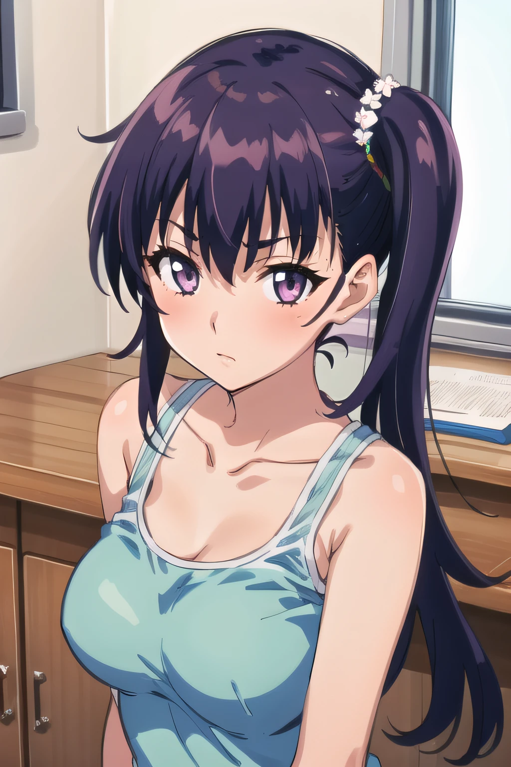 (masterpiece:1.2), best quality, high resolution, unity 8k wallpaper, (illustration), extremely detailed face, perfect lighting, extremely detailed CG, 1girl, solo, <lora:Risa:0.7>, risa, purple eyes, purple hair, aqua tank top, pink shorts, large breasts, collarbone, side ponytail, looking at viewer, standing, closed mouth, embarrased, blush, arms at sides, upper body