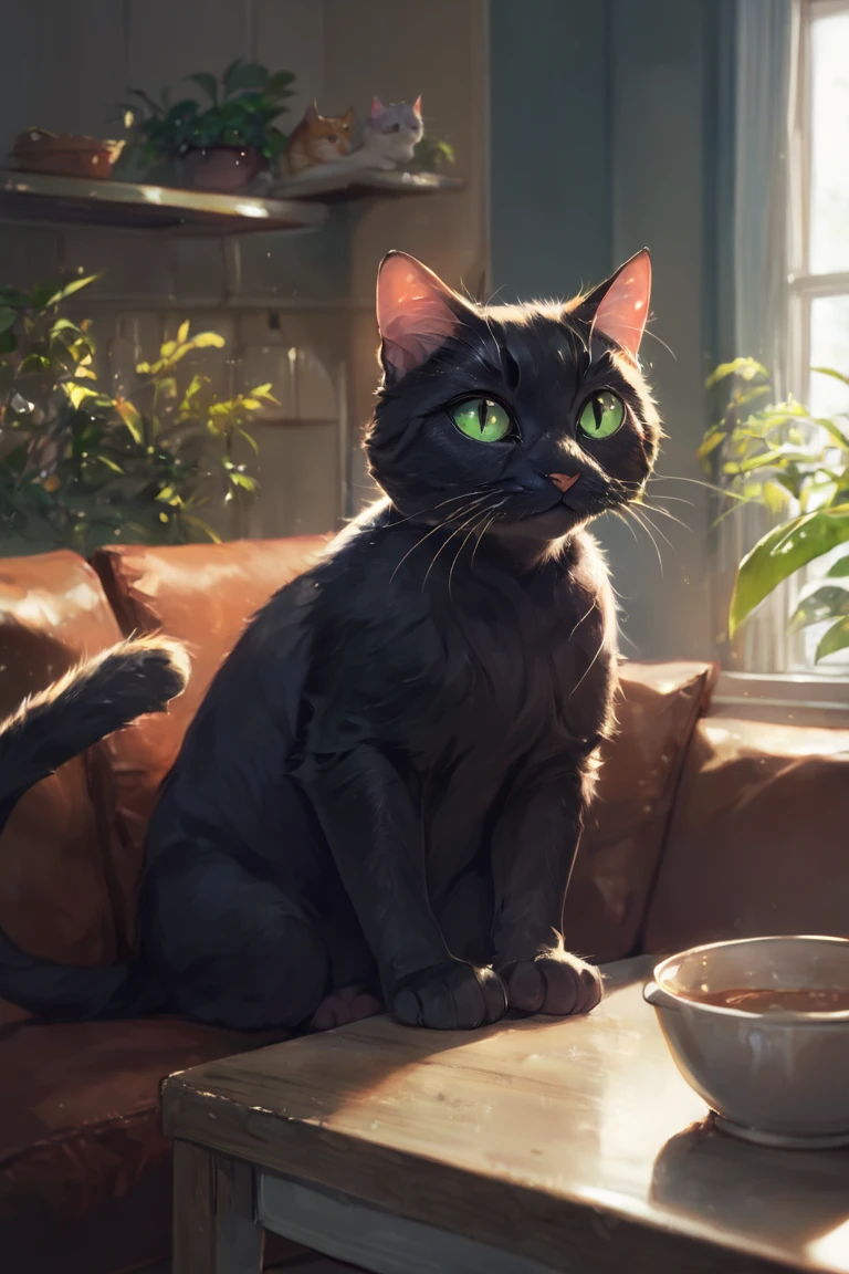 score_9, score_8_up, score_7_up, animal focus, animal, cat, black fur, green eyes, slit pupils, whiskers, table, no hunams, sitting, on couch, couch, indoors, kitchen, night <lora:MixSummerSolstice Style SDXL_LoRA_Pony Diffusion V6 XL:1>