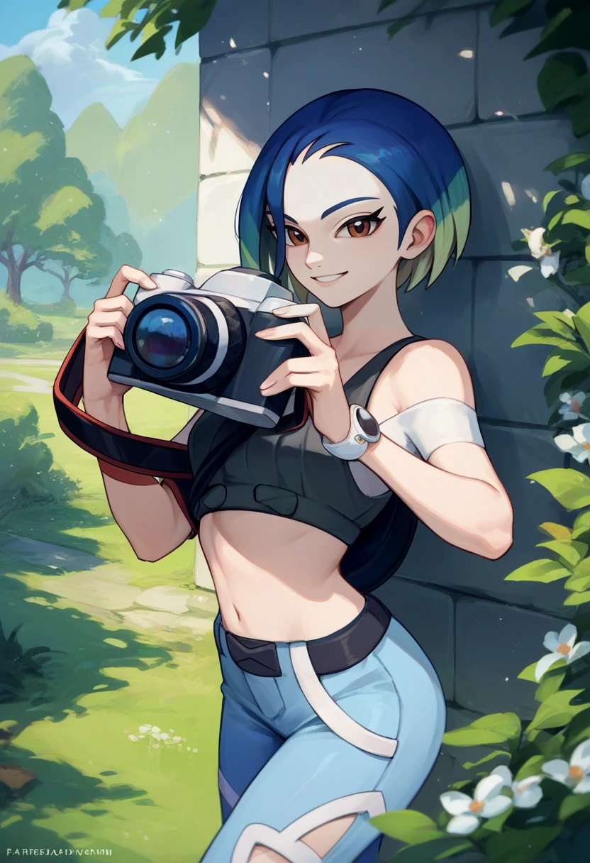 score_9, score_8_up, score_7_up, source_anime, solo, 1girl, perrin, smile, looking at viewer, holding camera, crop top, blue pants, bare shoulders <lora:pokemon_perrin_ponyXL:1>