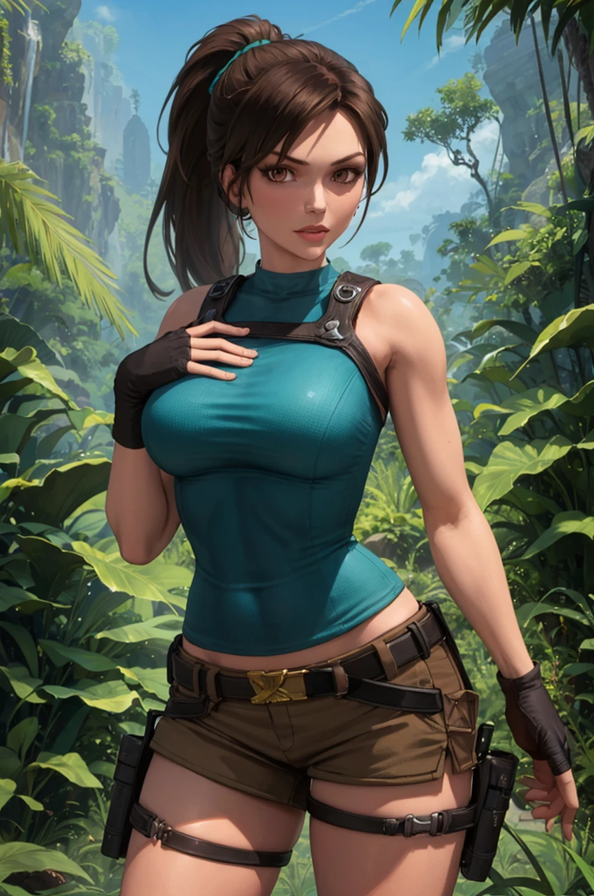 UndeworldLara, ponytail, brown hair, teal tanktop, brown shorts, fingerless gloves, hand on own chest, 1 girl, masterpiece, tall female, jungle, sky, sleeveless, looking at viewer,  brown eyes