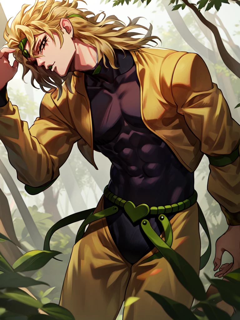 Top quality, Photorealistic, 8K, High Definition, Unity 8K wallpaper, high res, ultra sharp, masterpiece, ((masterpiece)), best quality, expressive eyes, perfect face, Super eyes, masterpiece, highly detailed exquisite character art, epic fantasy digital art style, detailed digital 3D fantasy art, ultra-realistic, there is a man with green paint on his body, lying in a garden, green colored skin, green skin! green colored skin!!, green skin. intricate, green-skinned, green skin with scales, green skin, resting after a hard fight, greenish skin, plantation on the male body, vines, leaves, pecs, an exhausted deity, cell-shaded adult animation, hot reptile muscular humanoid man, muscular green body. bright glowing light-brown eyes, wet, sunny, god rays,