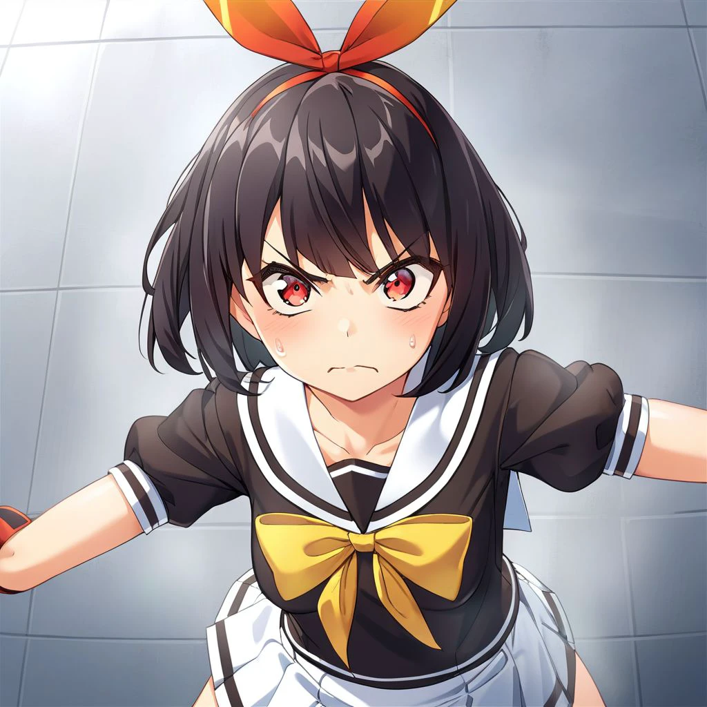 1girl, short hair,bangs,shirt,black hair,red eyes,bow,ribbon,closed mouth,school uniform,collarbone,hair ribbon, short sleeves,hairband,serafuku,puffy sleeves,sailor collar,red ribbon,puffy short sleeves,v-shaped eyebrows,black shirt, parody,yellow bow,white sailor collar,red hairband